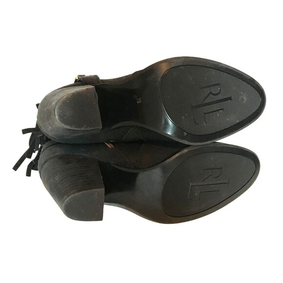 Lauren Ralph Lauren Black Suede Leather Fringe Heeled Ankle Boots Womens  7 - Picture 8 of 11